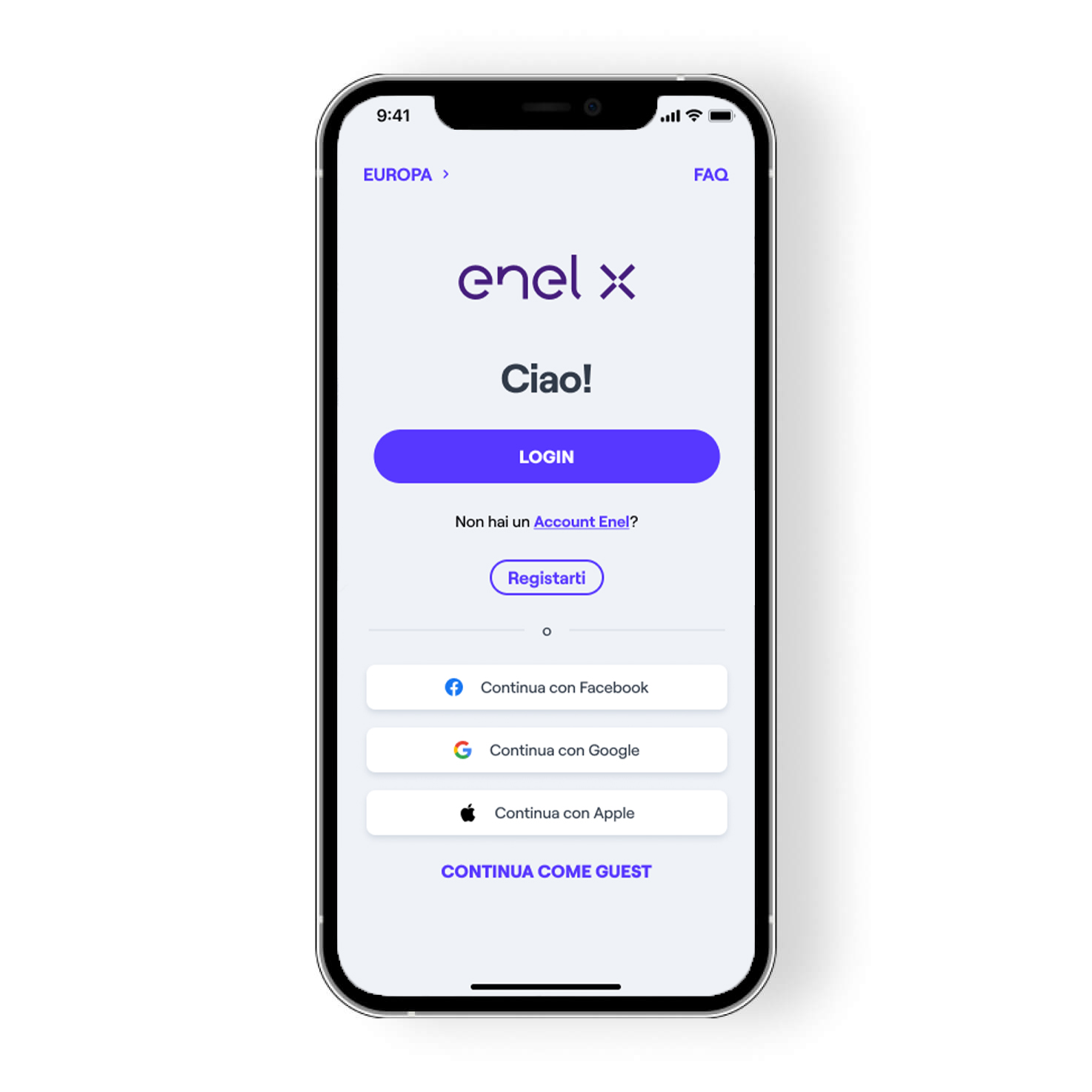 1. Accedi o scarica l’App Enel X Way e registrati schermata login app enel x