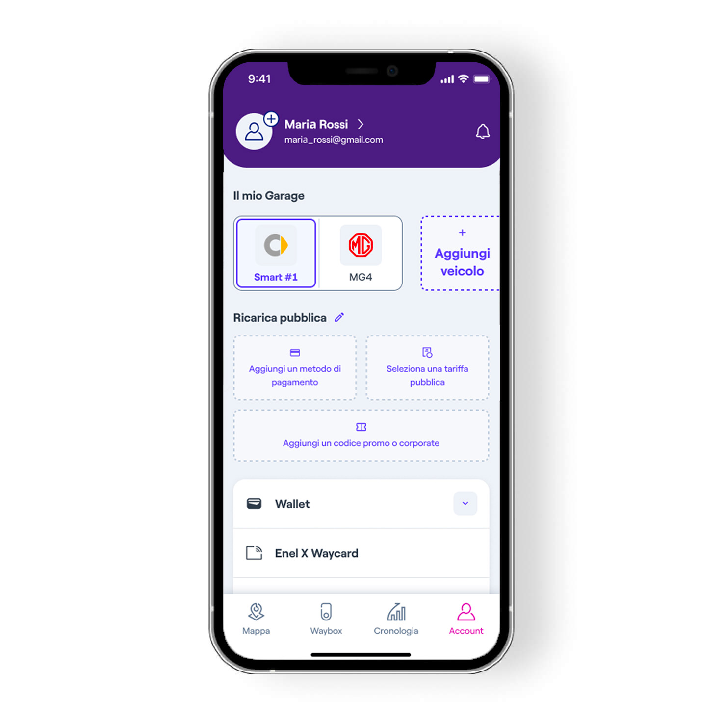 2. Vai sull’icona “Account” e seleziona “Enel X Waycard” schermata profilo enel x app